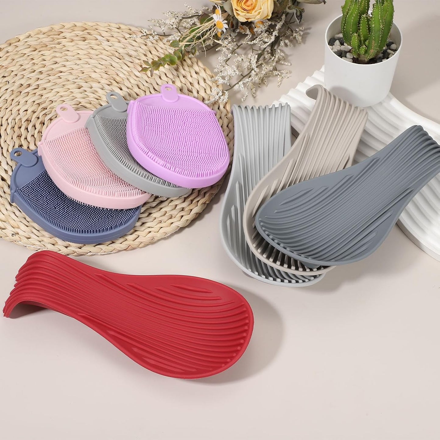 uxcell 1 Set Silicone Spoon Rest for Stove Top, Silicone Spoon Holder for Cooking Spatula, Ladle, Brush Khaki/Grey