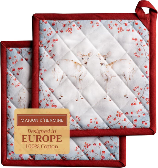 Maison d' Hermine Pot Holders Set 100% Cotton Heat Resistant Potholders 8" x 8" Hot Pads with Loop BBQ, Cooking, Baking, Grilling, Kitchen, Handling Hot Pans (Pack of 2, Fairytale Forest)