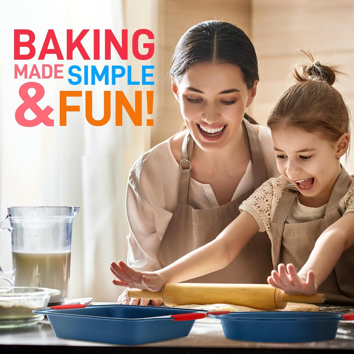 NutriChef 8-Piece Bakeware Set - Nonstick Carbon Steel Baking Pans with Red Silicone Handles, Blue Coating, Durable & Stain-Resistant, Perfect for Baking Cakes, Muffins, Cookies (Blue)