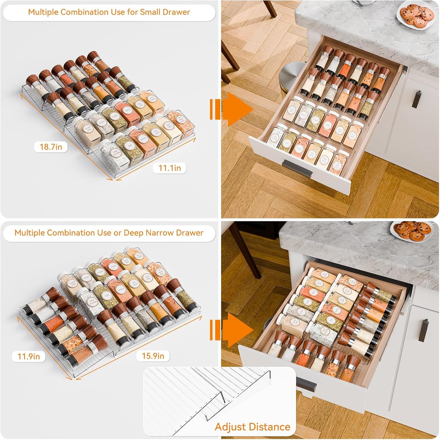 Yieach 8 Pack Adjustable In Drawer Spice Organizer - Expandable From 11'' to 22'' - Acrylic Drawer Seasoning Organizer,Clear Spice Organization Tray for Cabinet Drawers Condiment,Nail Polish and Jar
