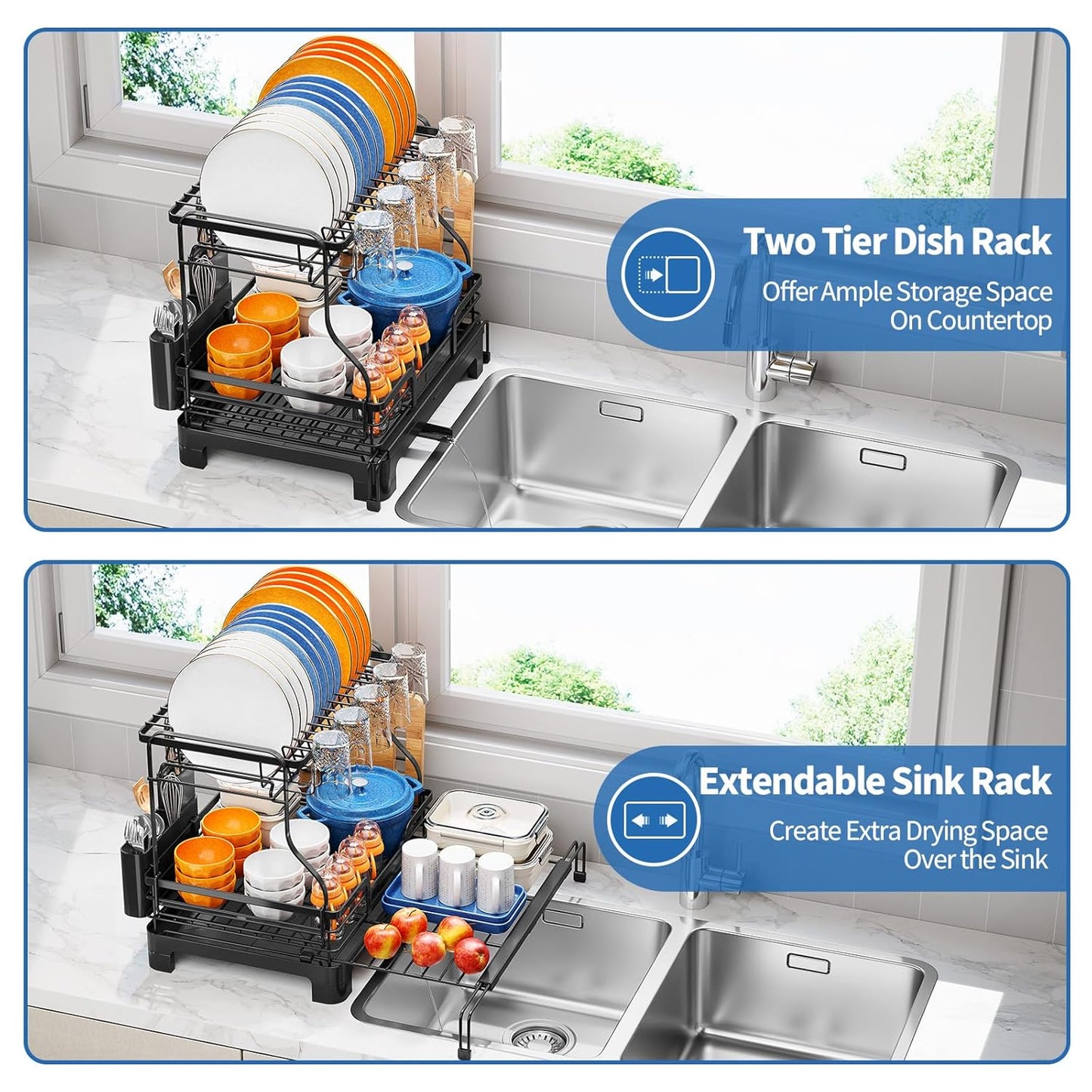 TOOLF Extendable Dish Drying Rack, 2-Tier Dish Rack for Kitchen Counter, Large Expandable Dish Drainer Over Sink, 3 in 1 Multifunction Dish Strainer with Drainboard & Cups Holder, Black