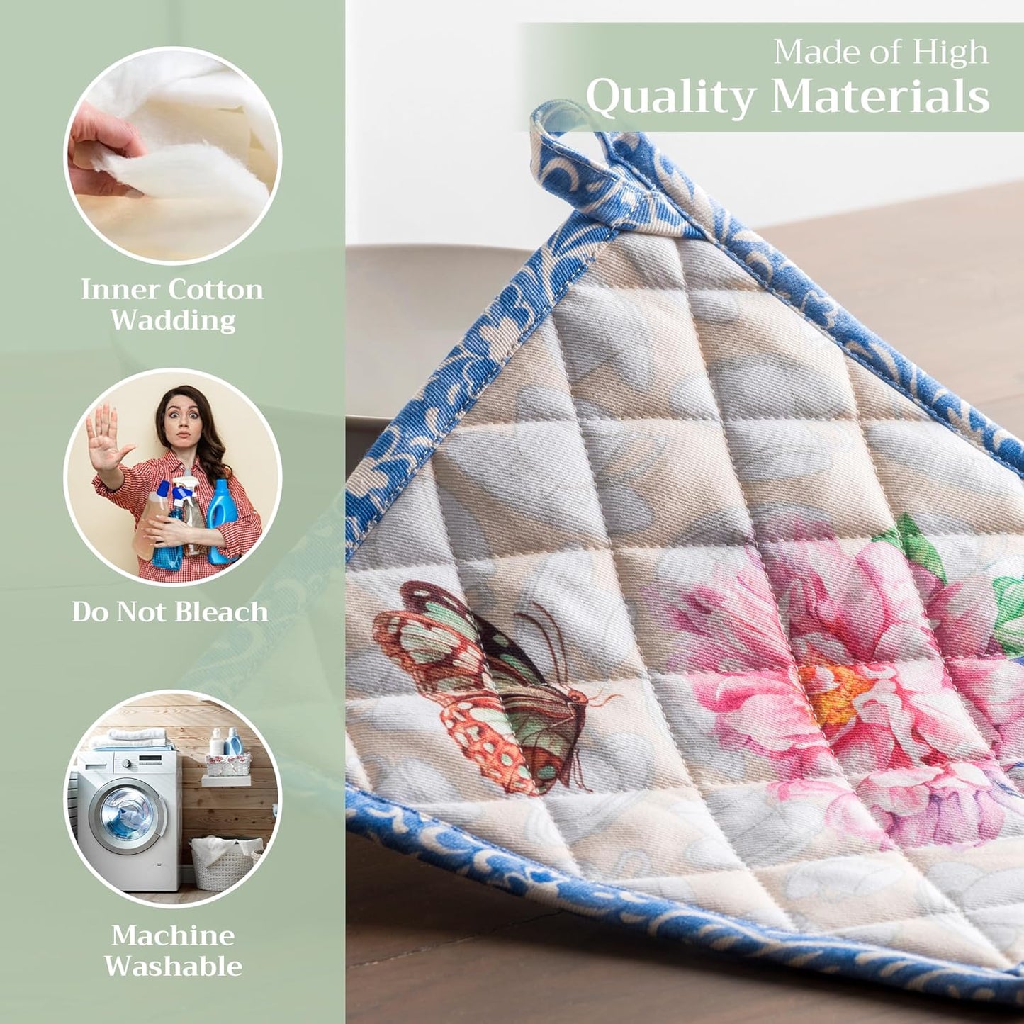 Maison d' Hermine Pot Holders 100% Cotton Heat Resistant Potholders 8" x 8" Hot Pads with Loop BBQ, Cooking, Baking, Grilling, Kitchen, Handling Hot Pans Spring/Summer (Pack of 1, Canton)