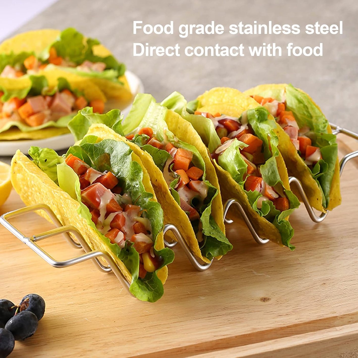 JIBOLAT Taco Holders set of 3,Stainless Steel Taco Shell Holder Stand,Taco Tray Plates for Taco Bar Gifts Accessories,Holds 4 Tacos Each,Oven Safe for Baking, Dishwa sher and Grill Safe