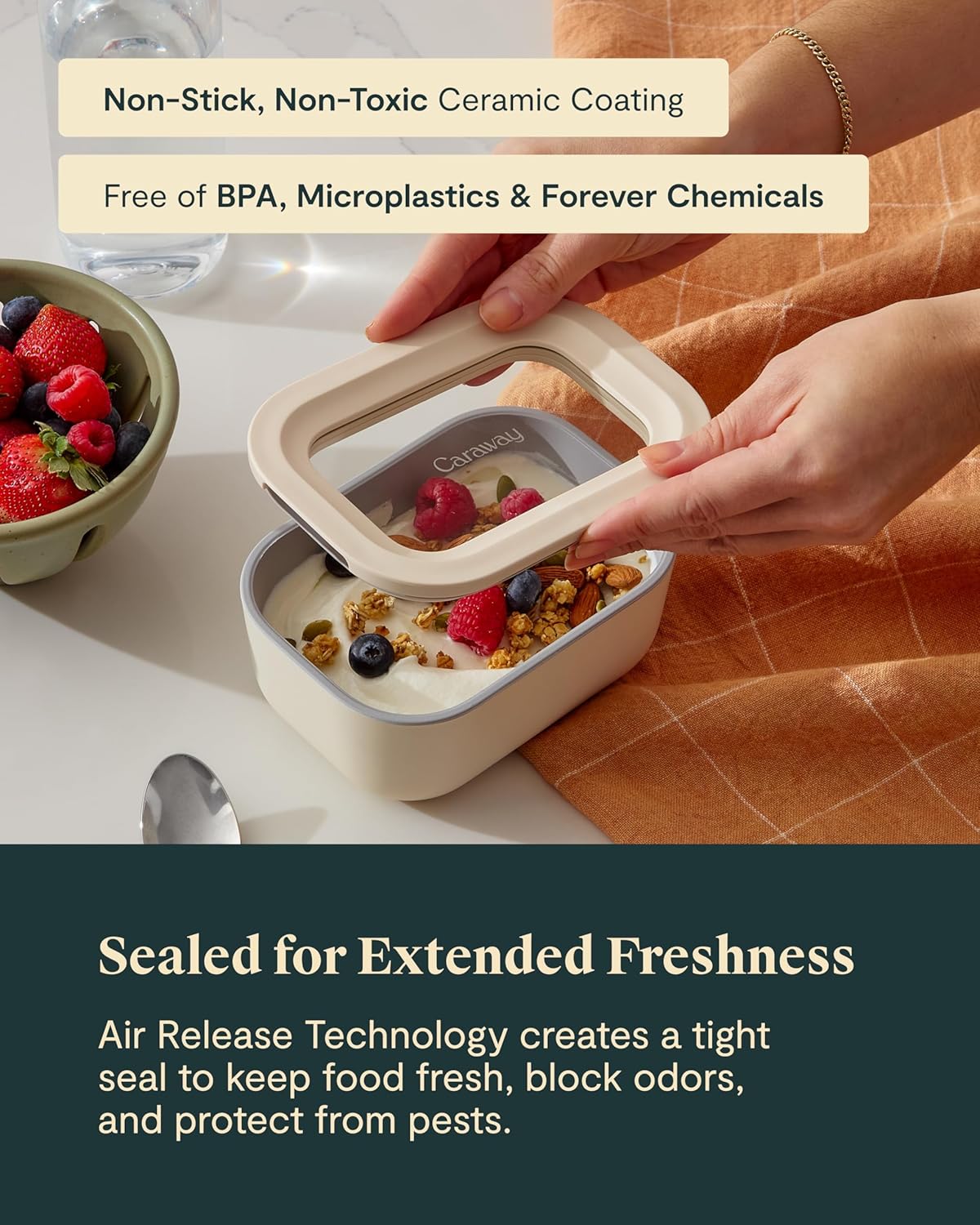 Caraway 6pc Glass Food Storage Set - 2.6 Cup Storage Containers For Food (6) - Non-Toxic Ceramic-Coated Glass - Air Release Technology - Compact & Stackable Design - Sage