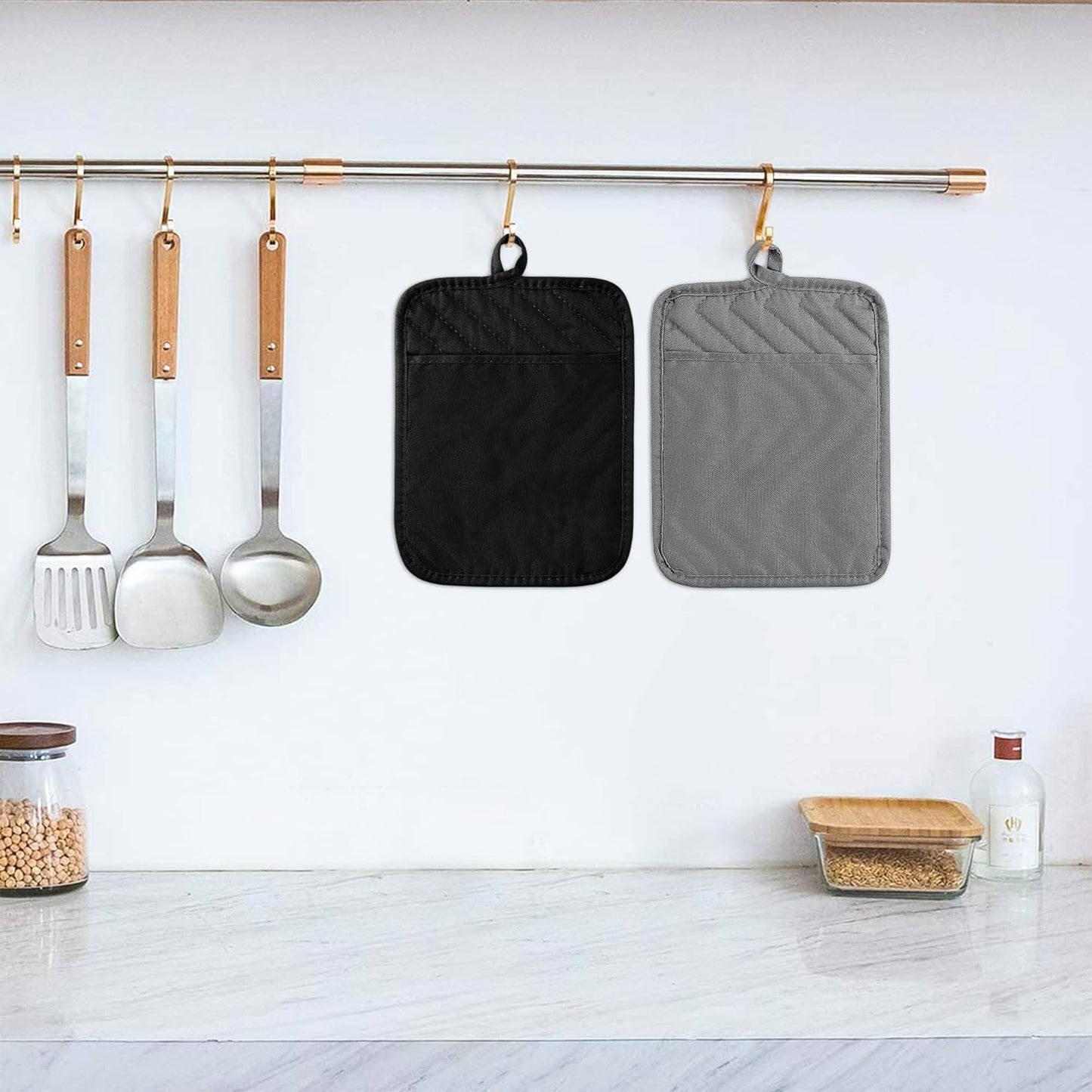 GROBRO7 5Pack Pot Holders for Kitchen Heat Resistant Cotton Potholder Multipurpose Hot Pad Machine Washable Oven Mitts with Pocket Potholders for Baking and Cooking 8.9 x 6.9 in Gray Black