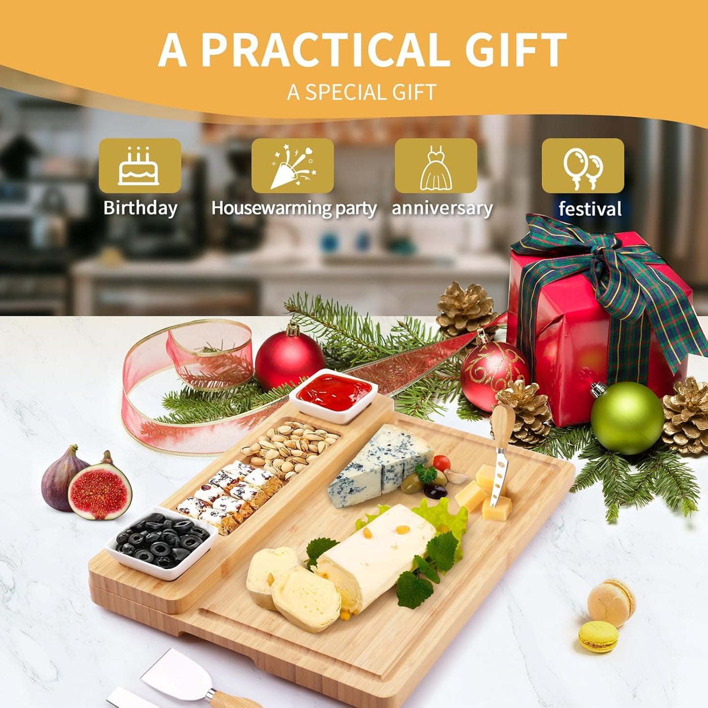 Charcuterie Boards Accessories, Charcuterie Boards with Knife Set, Cheese Board Serving Tray, Gifts for Women, Housewarming Gifts for New Home, Wedding Gift for Couples 2025 (with 2 Bowl)