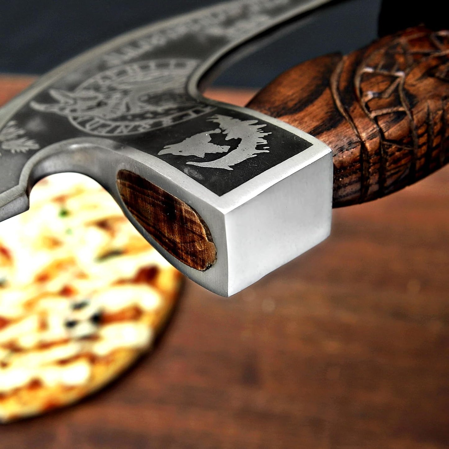 MR. CRAFT Pizza Cutter Axe Rocker Carbon Steel Slicer Chef Pizza Cutter Viking Axe with Leather Cover - Premium Pizza Oven Accessories Ulu Rocking Pizza Gift Gifts for Men (Brown Eagle)