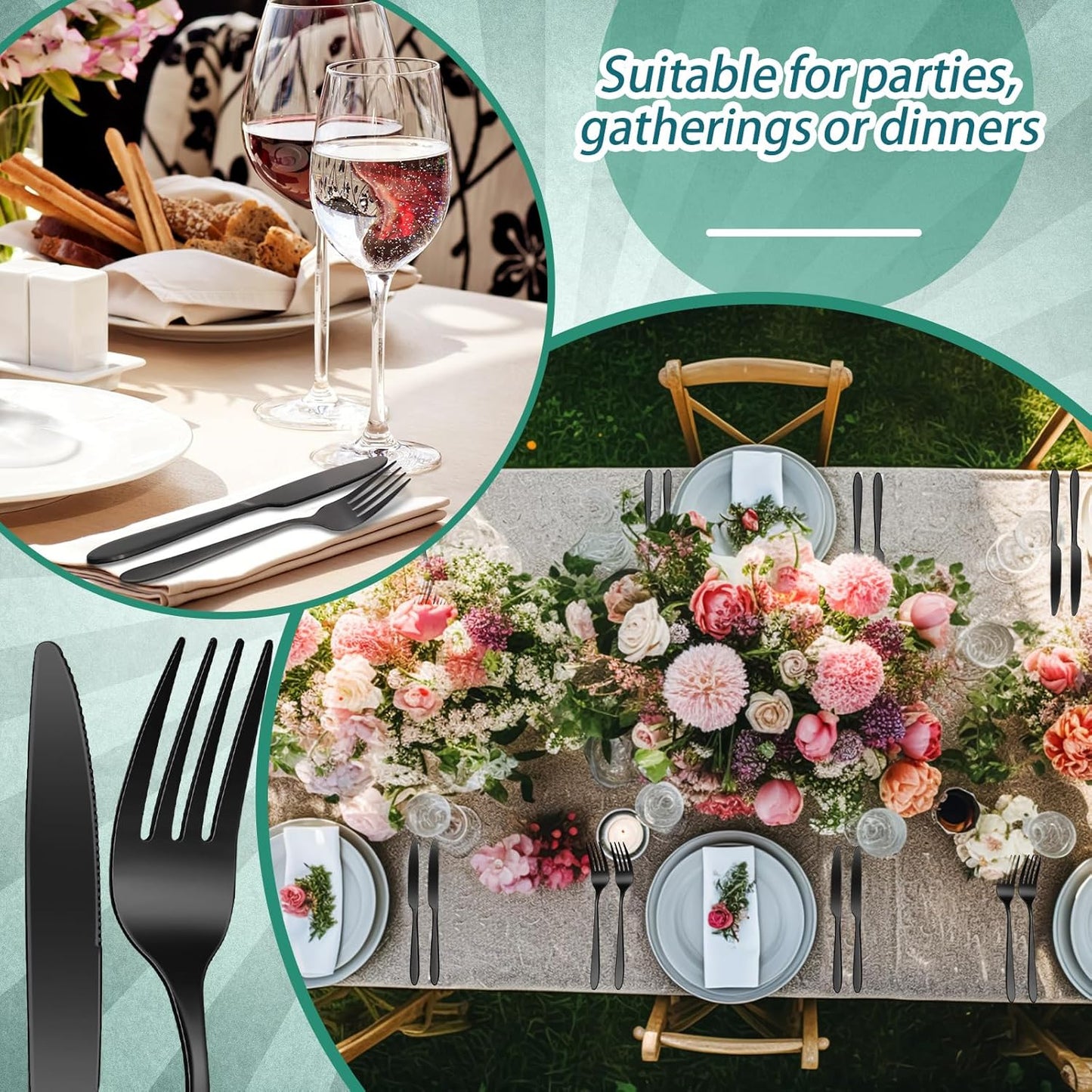 Nuenen 100 Pieces Stainless Steel forks and knives Dinner Flatware Set Tableware Cutlery for Butter Kitchen Restaurant, Dishwasher Safe(Black,8.4 Inches, 7.1 Inches)