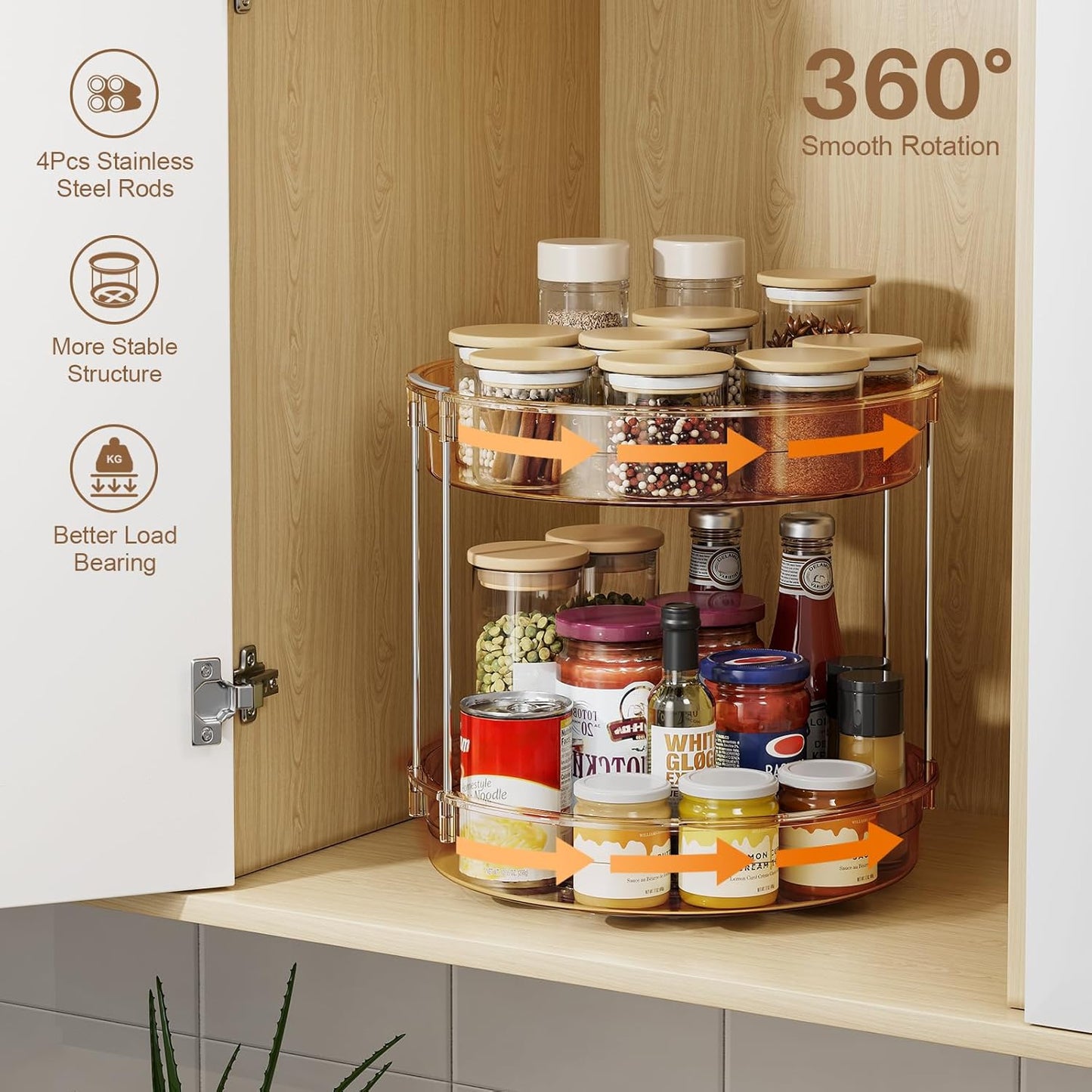LAMU 2 Pack 2 Tier Lazy Susan Turntable Organizer 12'' Rotating Spice Rack Organization for Cabinet, Kitchen, Pantry, Countertop, Bathroom, Vanity, Medicine Cabinet Organizer, Amber