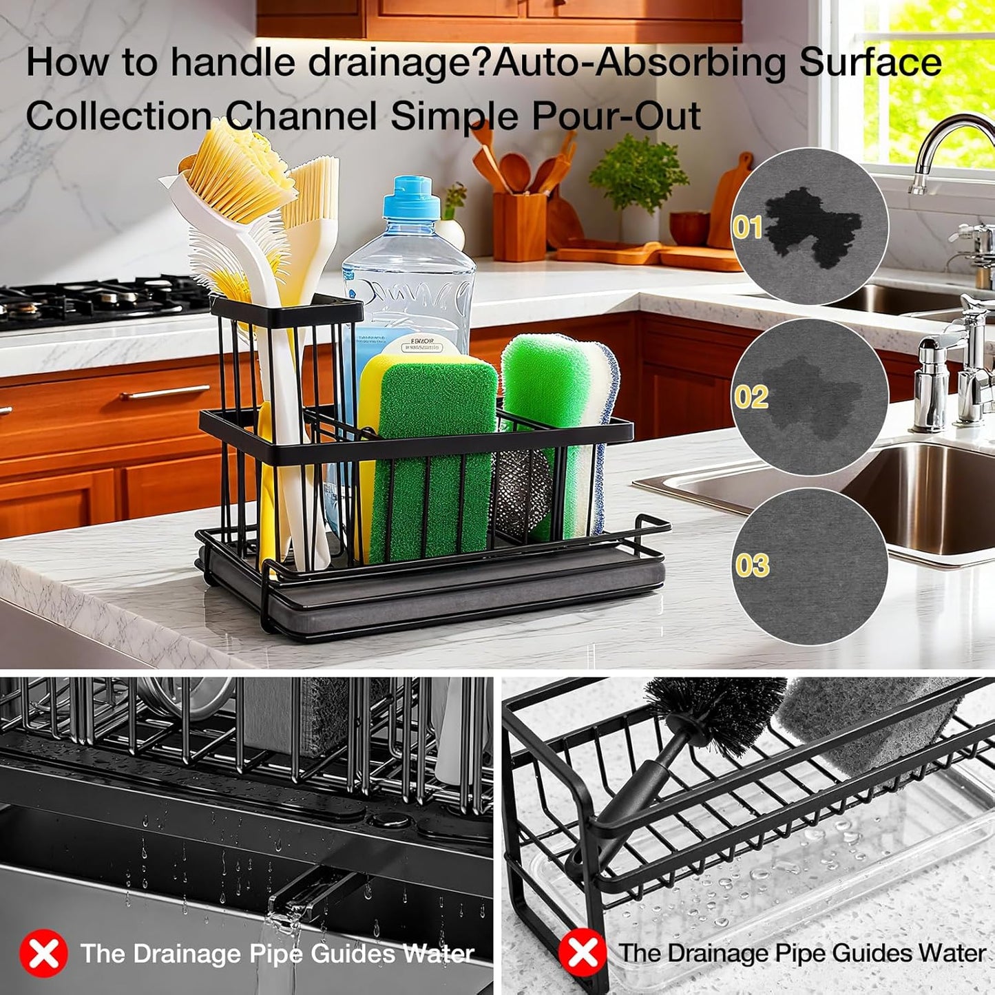 Kitchen Sink Caddy, Sink Sponge Holder with Instant Dry Stone Tray, Stainless Steel Holder for Sponges, Scrubbers & Soap - 9.1" X 5.91" X 5.1" Home Decor Storage Organizer