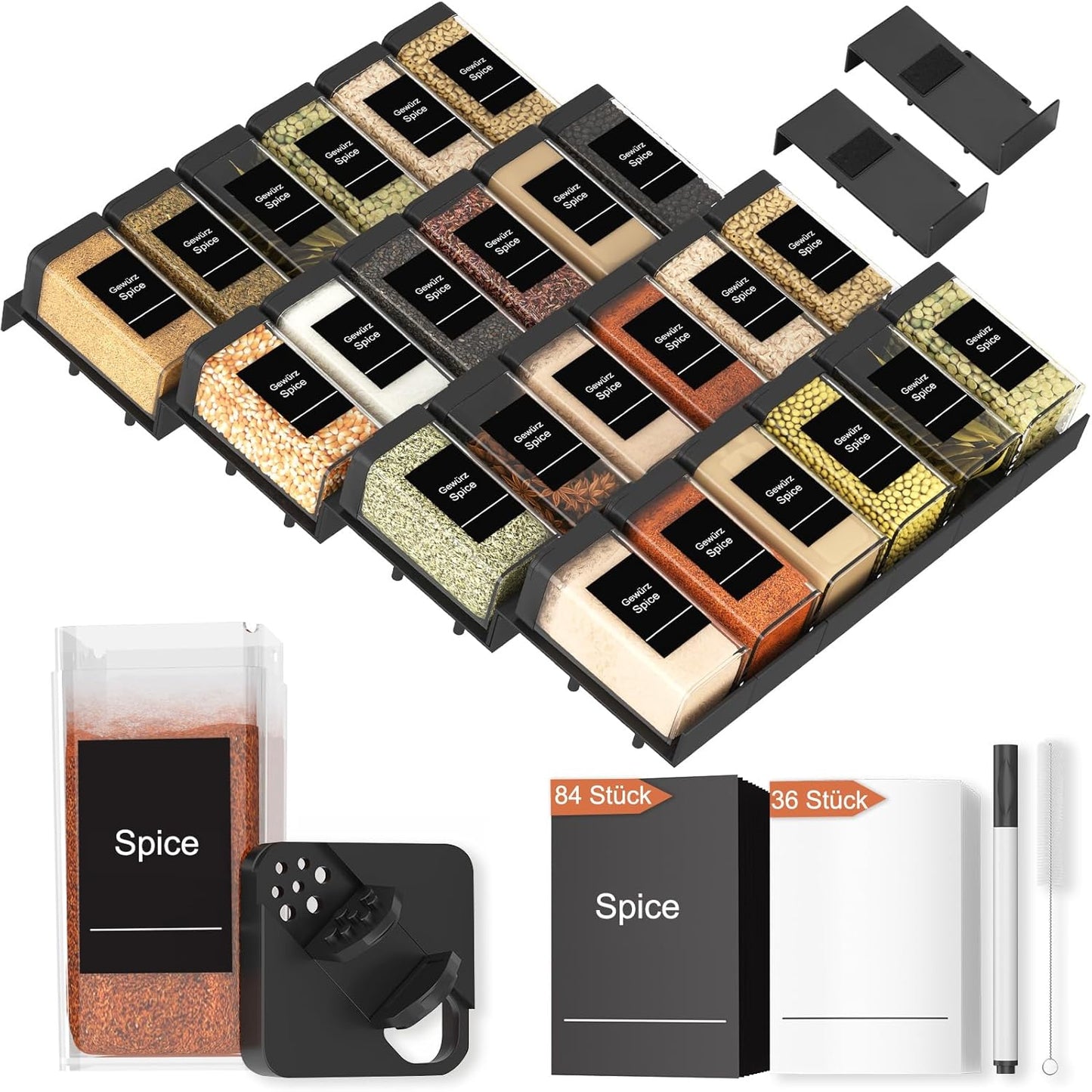 Famhap Spice Drawer Organizer 24 Pcs with 24 Plastic Jars and Labels，Interlocking Expandable Seasoning Rack Tray Insert for Kitchen Drawers, Spice Rack Drawer