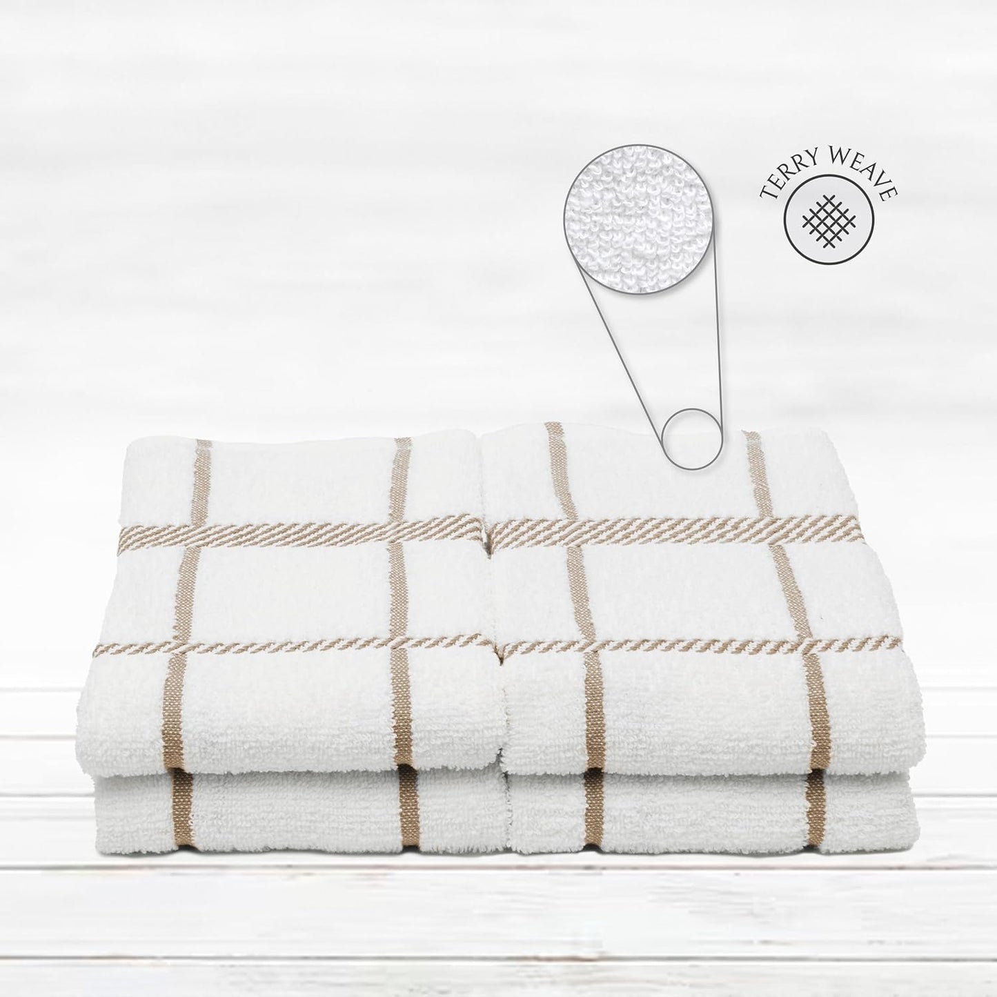 100% Cotton Terry Dish Towels, 4 Pack Checks, 16 x26 Inches, Super Soft and Absorbent Kitchen Towels, Perfect for Kitchen Cleaning and Dish Washing | Tan