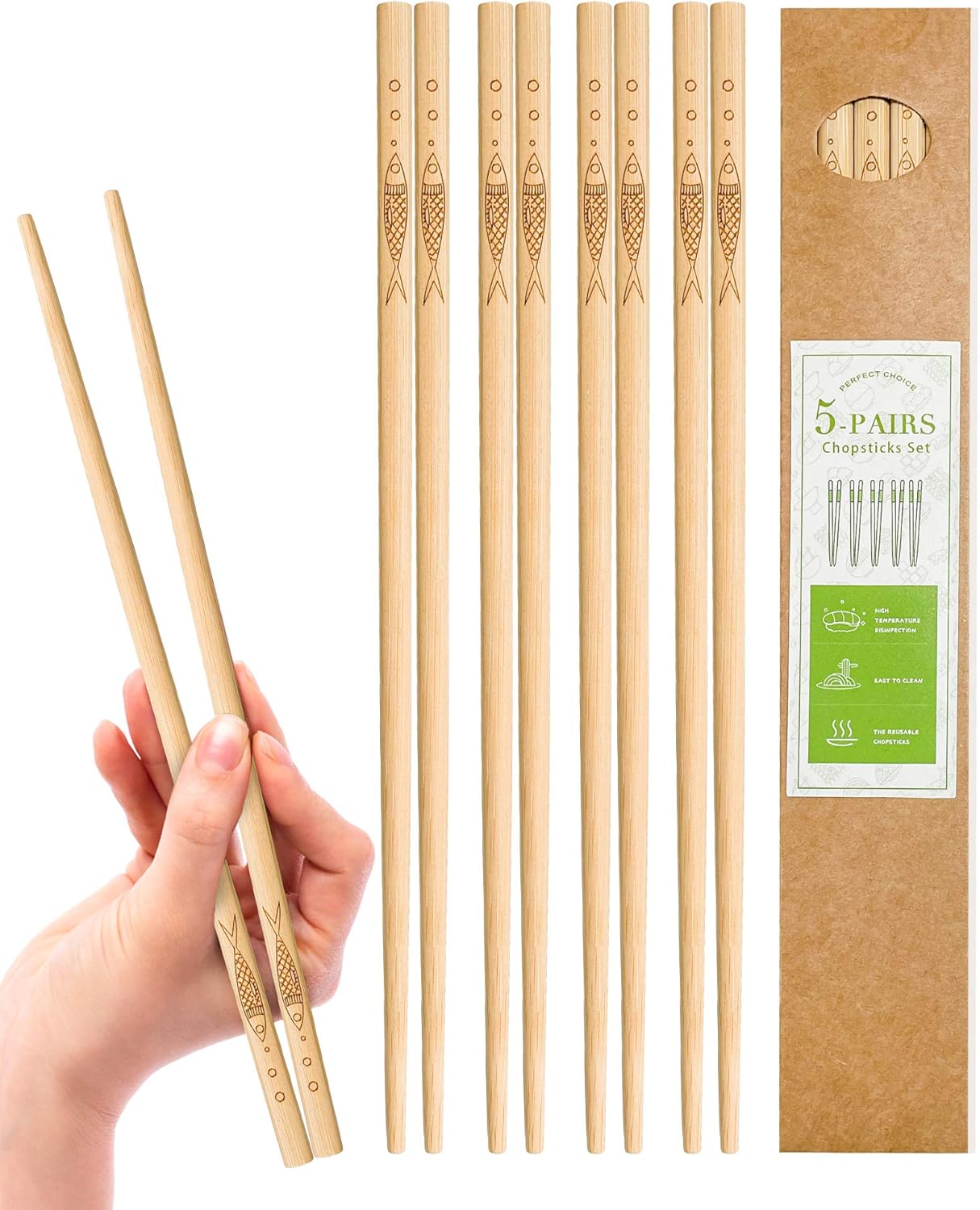 5 pairs of bamboo chopsticks can be reused, classic healthy high-quality natural bamboo chopsticks, can be washed in the dishwasher, 9.8 inches / 25 cm, (pattern: more than every year)