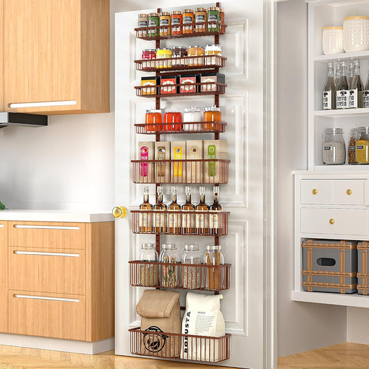 Moforoco Over The Door Pantry Organizer, Pantry Door Organizer Shelves, Kitchen Organizers and Storage, Hanging Basket Wall Spice Rack Seasoning Shelves, Laundry Room Bathroom accessories（Brown ）