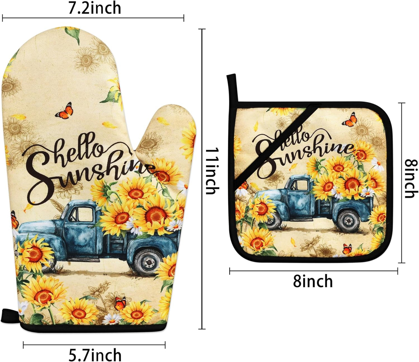 Sunflower Oven Mitts and Pot Holders Sets Vintage Floral Oven Gloves Heat Resistant 4 Pcs Farmhouse Decorative Kitchen Hot Pads and Mitts for Baking Cooking Grilling