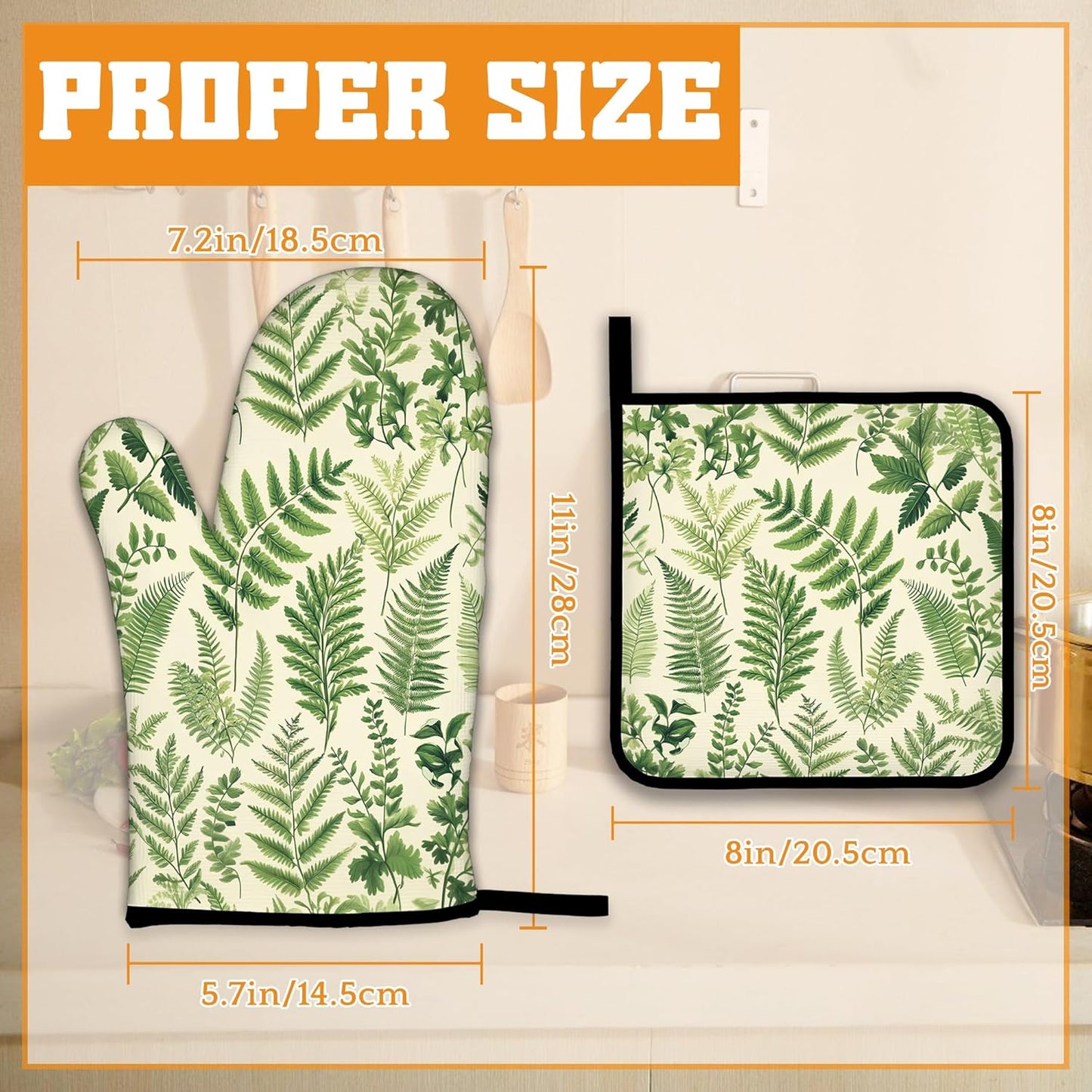 Fern Herbs Oven Mitts and Pot Holders Set,Botanical Floral Leaf Kitchen Decor Heat Resistant Non Slip Hot Pads and Oven Mitt for Chef Cooking Baking BBQ Mom Girl Gifts(4 Piece Set)