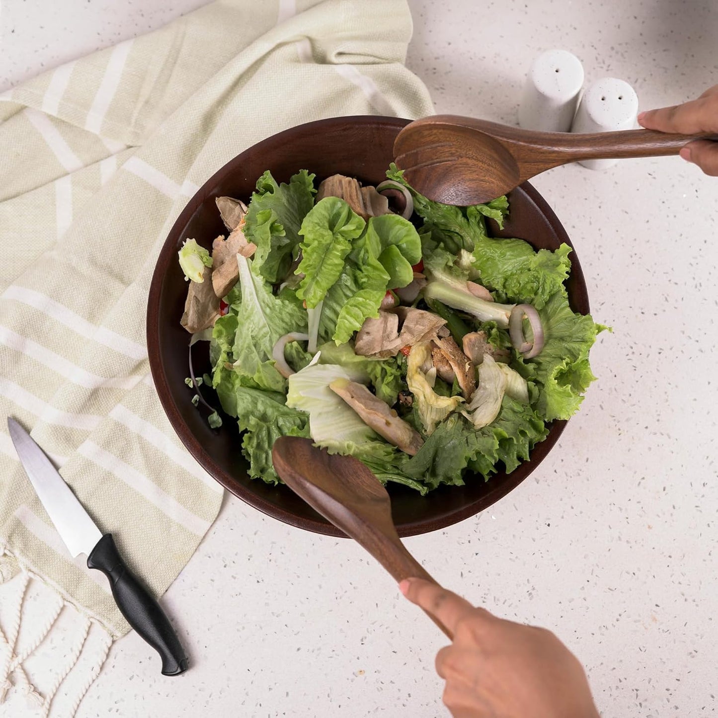 The Fine Living Co. Acacia Salad Servers, 11 Inches Wooden Spoon, Handcrafted Kitchen Utensils for Mixing, Tossing, Cooking (2-Piece Set, Walnut)