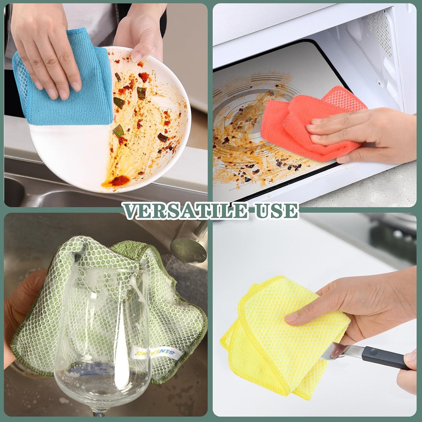 SINLAND Microfiber Dish Cloth for Washing Dishes Dish Rags Best Kitchen Washcloth Cleaning Cloths with Poly Scour Side 5 Color Assorted 7.87inchx7.87inch 20pack