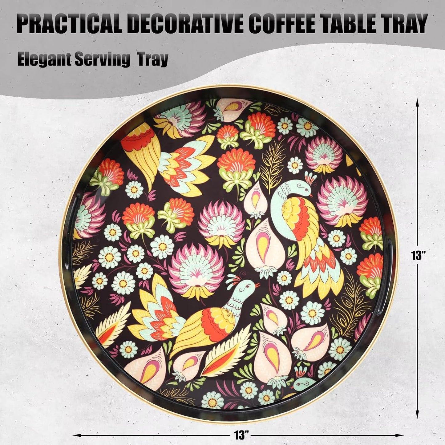 Spsyrine Decorative Serving Tray with Handles, Lacquered Coffee Table Tray for Ottoman, Round Waterproof Platters for Centerpieces, Parties, Living Room, Kitchen Counter Organization Peacock