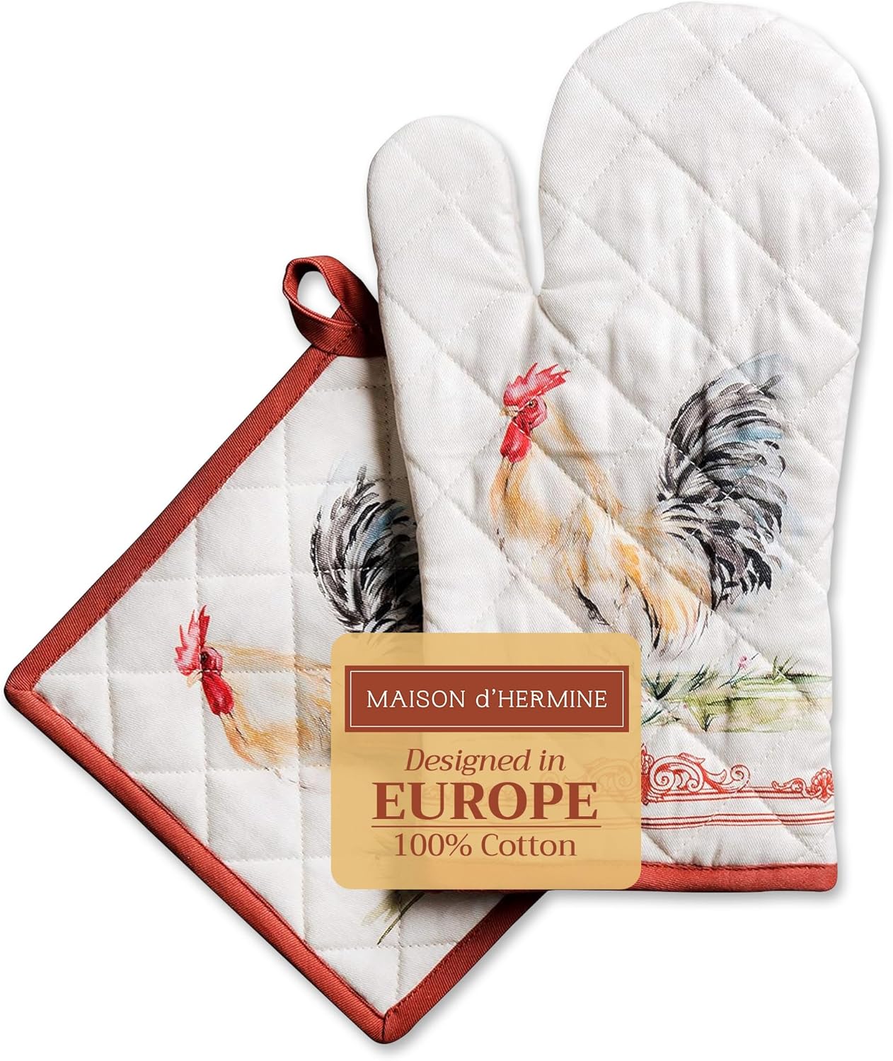 Maison d' Hermine 100% Cotton Oven Mitt & Pot Holder Set (7.5"x13" & 8"x8") Heat Resistant BBQ Cooking Gloves with Loop, Baking, Grilling, Kitchen, Handling Hot Pans Spring/Summer (Campagne)