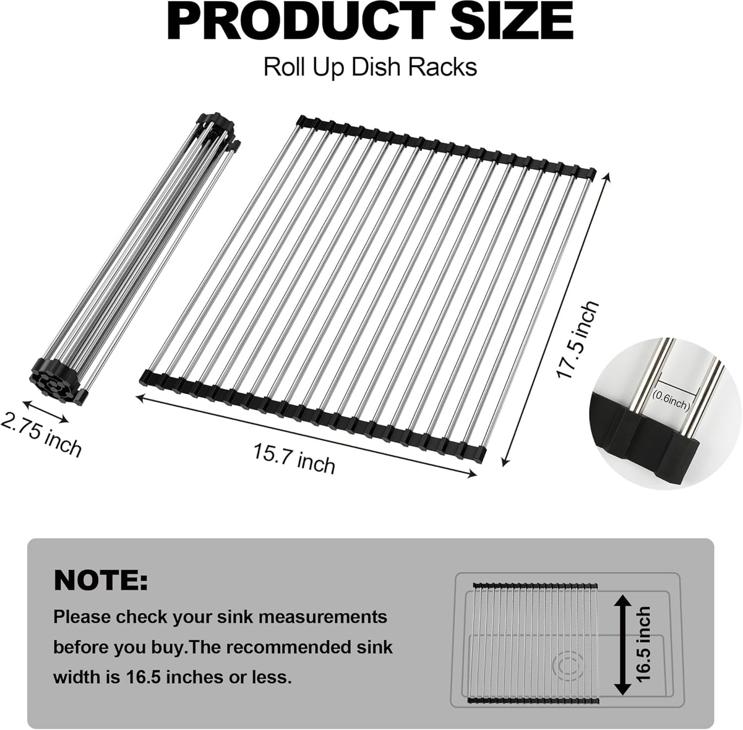 NEZUIBAN Dish Drying Rack with Roll Up and Over Sink for Kitchen,17.5"x15.7",Black