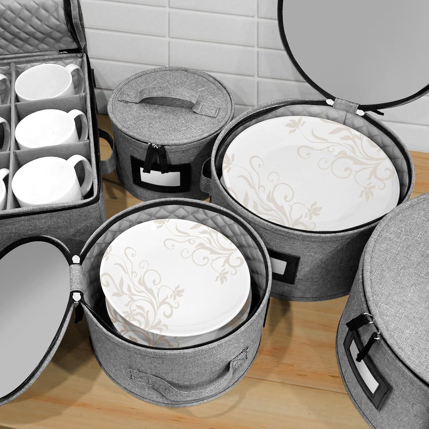 BALEINE China Storage Containers, Sturdy Quilted Wine Glass Storage, Plate Organizer with Carry Handles, Moving Boxes for Dishes, Cups, Mugs and Stemware (Mug, Hard Shell Grey)