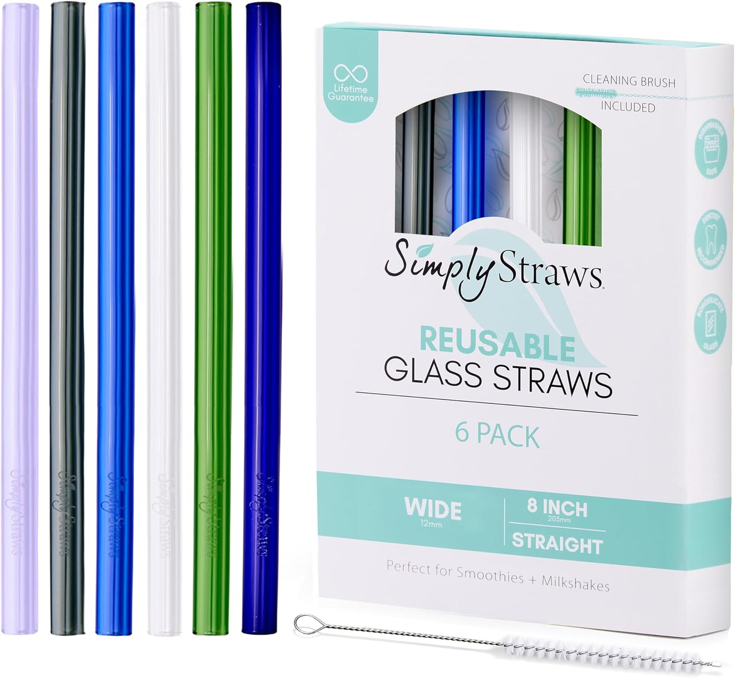 Simply Straws 8 Inch Wide Glass Straws (6-Pack) - 12mm Reusable Boba Straws for Milkshakes & Smoothies, with Cleaning Brush - Dishwasher Safe, Hot & Cold Use, BPA-Free (Seaglass)