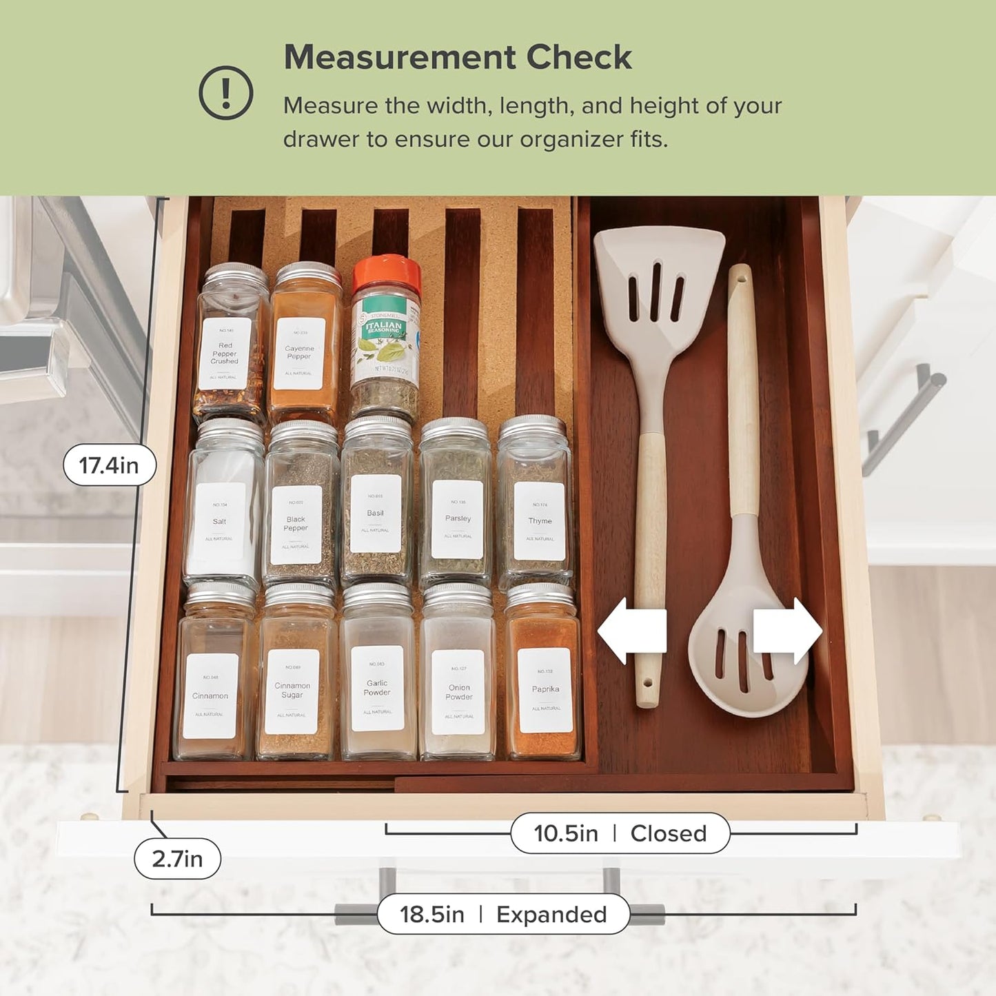 KitchenEdge Spice Drawer Organizer with Expandable Storage. Holds up to 15 Spice Jars (Not Included), Non-Slip Feet, Kitchen Accessory Storage, 100% Sustainable Bamboo Wood (Natural Acacia)