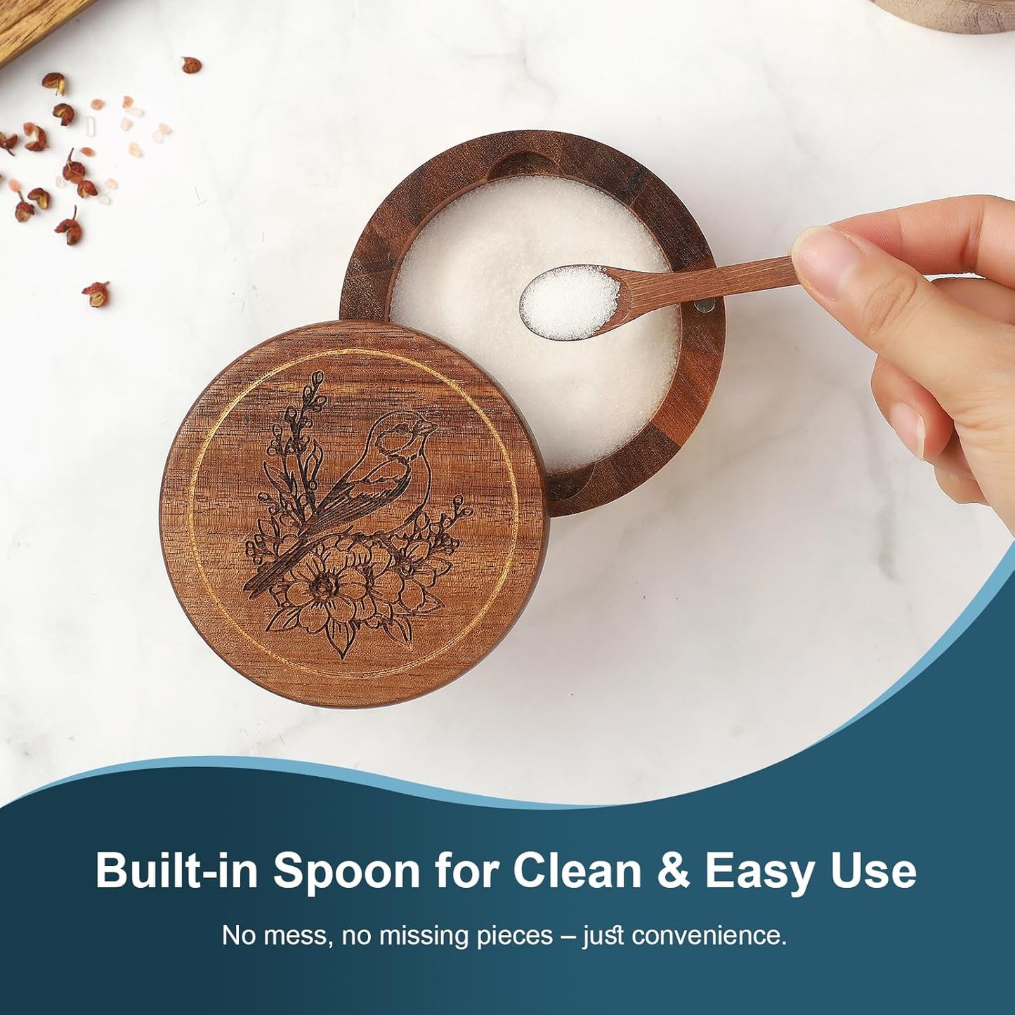 Salt Cellar, 2PCS Salt Container Acacia Wood Salt and Pepper Box for Countertop with Built-in Spoon & Swivel Lid, Wood Salt Holder Bowl for Kitchen, Seasoning Storage (Rose & Bird Engraving)