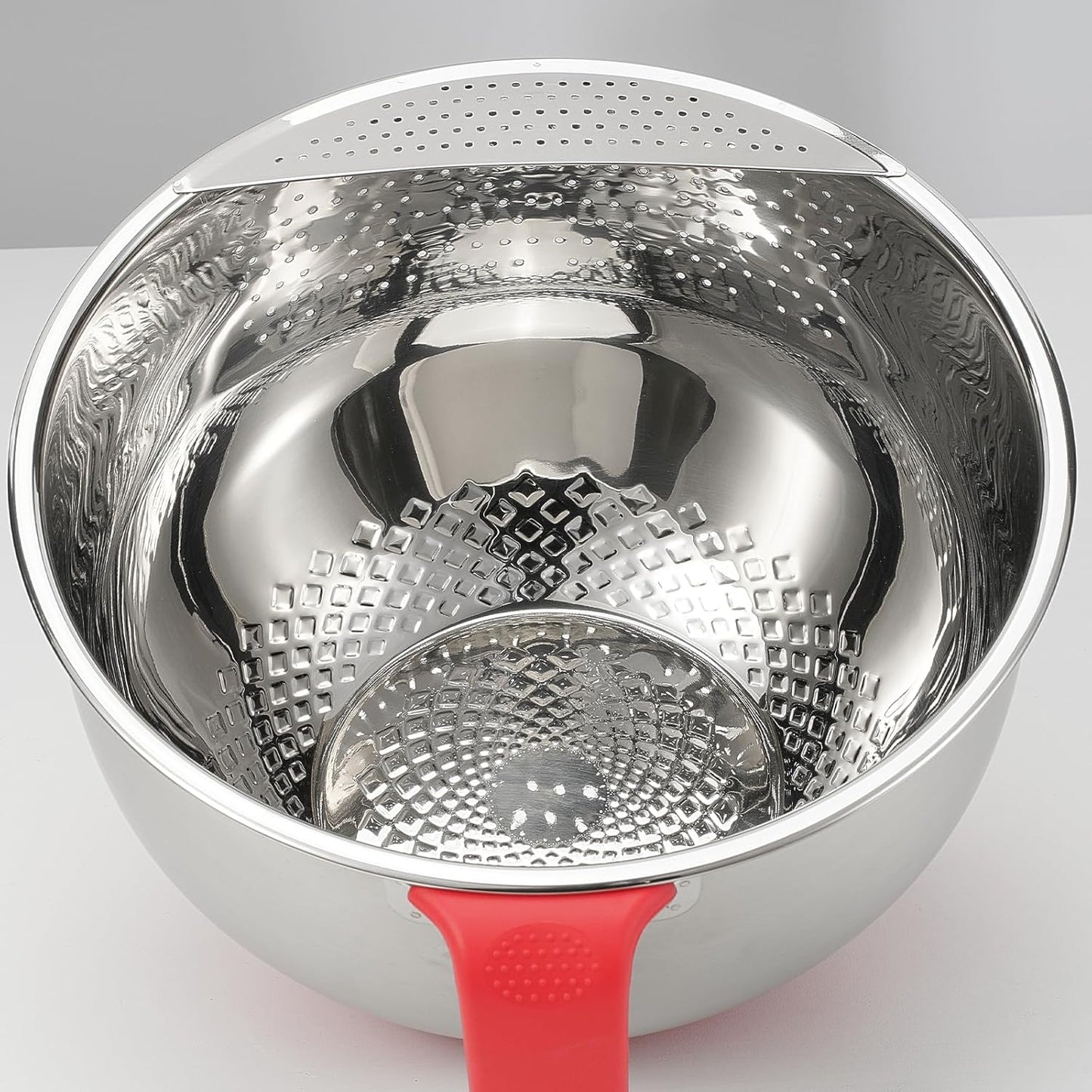 Rice Strainer Washing Bowl Quinoa Washer whit Handle Stainless Steel Colander Versatile Side Drainers for Cleaning Rinsing Fruits, Vegetables, and Beans - Tilting Non-slip Silicone Bottom, Red