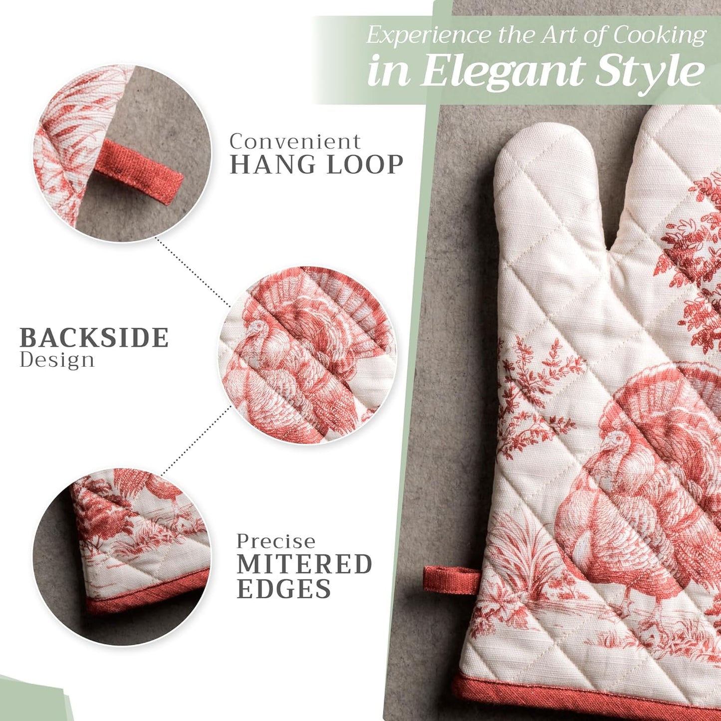 Maison d' Hermine 100% Cotton Oven Mitt & Pot Holder Set (7.5"x13" & 8"x8") Heat Resistant BBQ Cooking Gloves with Loop, Baking, Grilling, Kitchen, Handling Hot Pans (Holy Jouy - Red)