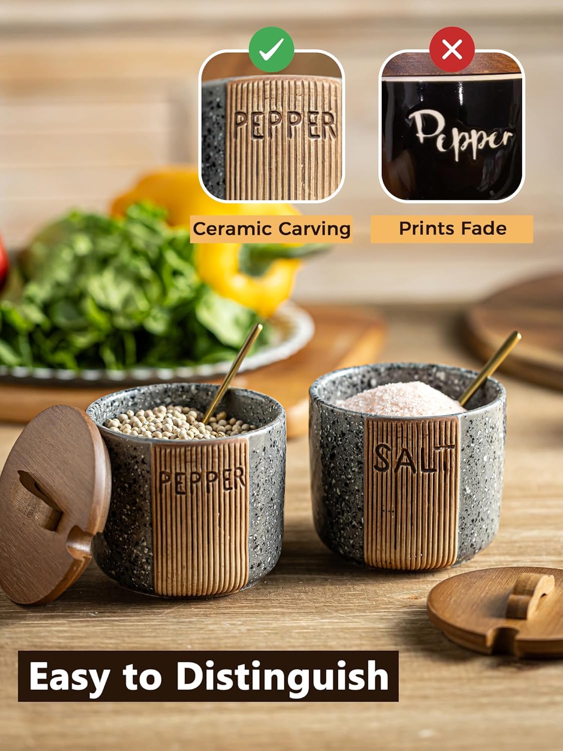 Salt and Pepper Bowl Ceramic, 10 Oz Salt Containers for Countertop Salt Cellar with Wooden Lid and Spoons, Salt and Pepper Set Marble Design, Gray