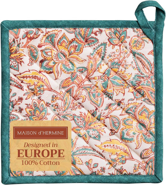 Maison d' Hermine Pot Holders 100% Cotton Heat Resistant Potholders 8" x 8" Hot Pads with Loop BBQ, Cooking, Baking, Grilling, Kitchen, Handling Hot Pans (Pack of 1, Nila)