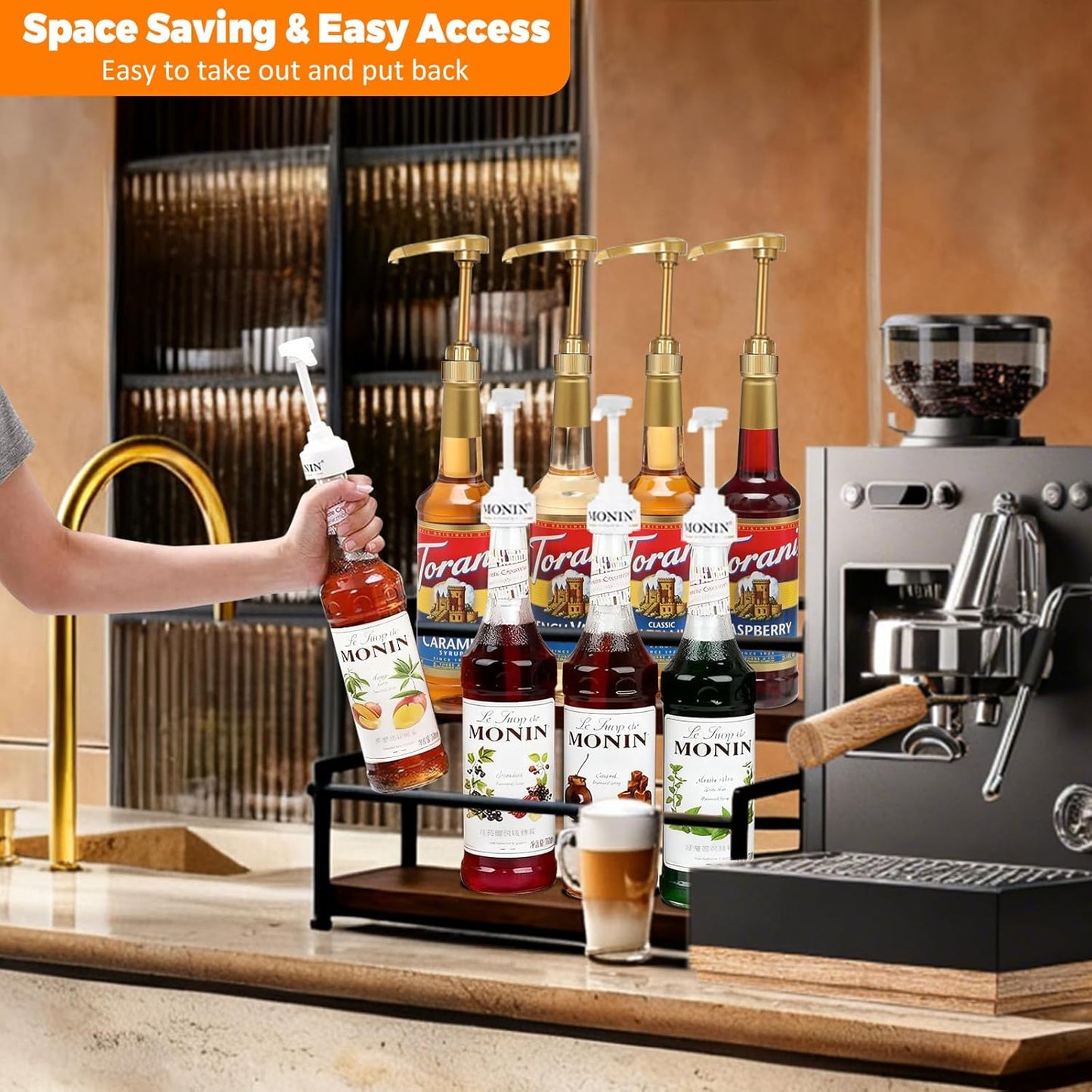 Coffee Syrup Rack Organizer - 2-Tier 10 Syrup Bottles Holder for Coffee Bar, Liquor Bottle Display Shelf - Rustic Kitchen Cabinet for Spices, Jars - Stepped Pantry Shelf for Syrup, Wine, Tea & Coffee