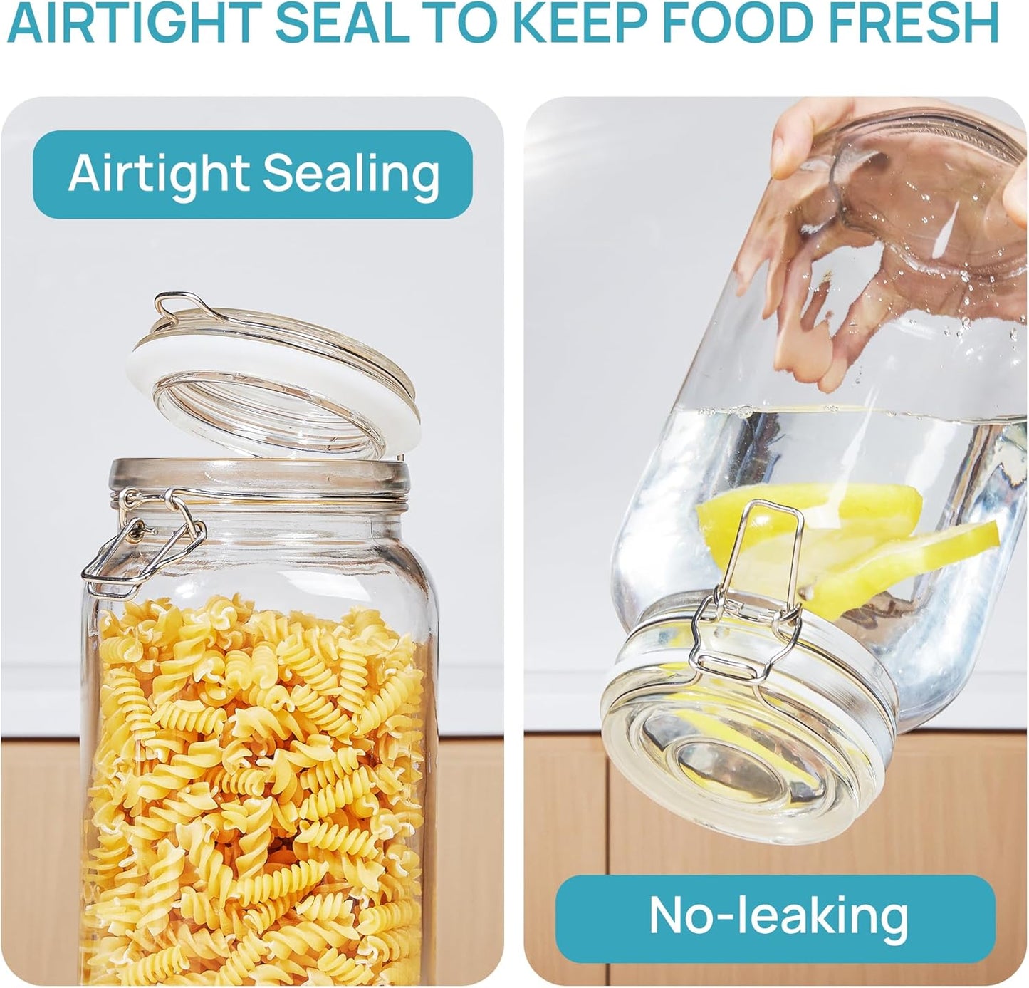 Vtopmart 78oz Glass Food Storage Jars with Airtight Clamp Lids, 3 Pack Large Kitchen Canisters for Flour, Cereal, Coffee, Pasta and Canning, Square Mason Jar with 8 Chalkboard Labels