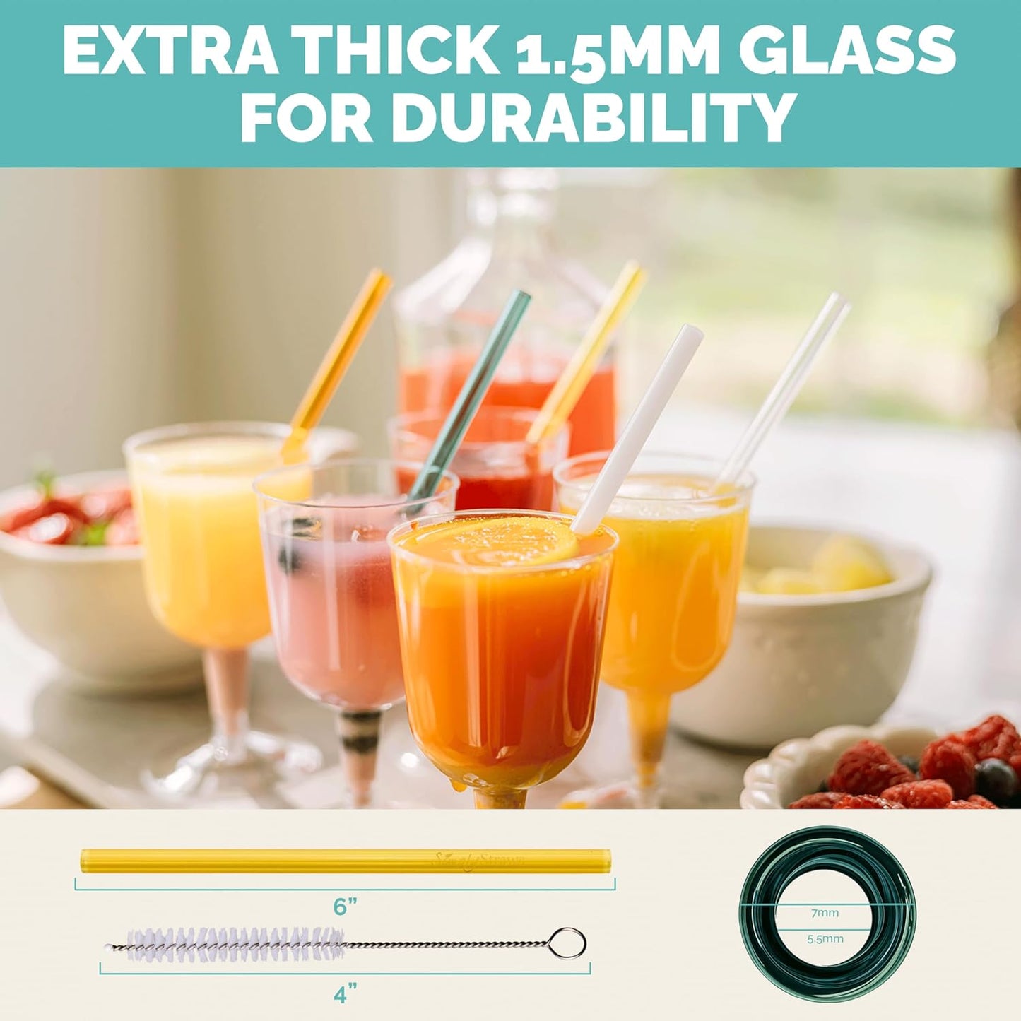 Simply Straws 6 Inch Skinny Glass Straws (6-Pack) - Reusable Cocktail Straws for Mixed Drinks, Low Balls, Coffee & Tea, with Cleaning Brush – Dishwasher Safe, Hot & Cold Use, BPA-Free (Meadow)