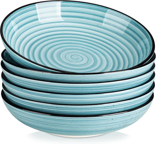 vancasso Bonbon Large Pasta Bowls Set of 6, 50 Oz Ceramic Salad Bowls, Wide and Shallow Bowls Set, Large Serving Bowls for Kitchen, Blue