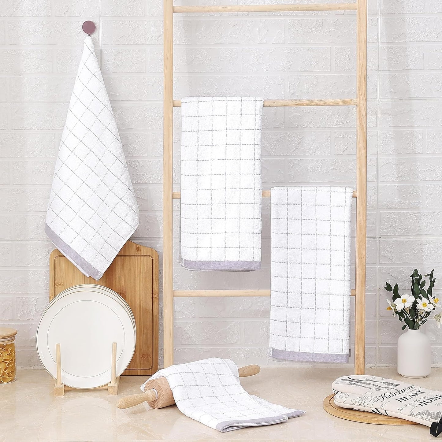 Homaxy 100% Cotton Terry Kitchen Towels(White, 13 x 28 inches), Checkered Designed, Soft and Super Absorbent Dish Towels, 8 Pack