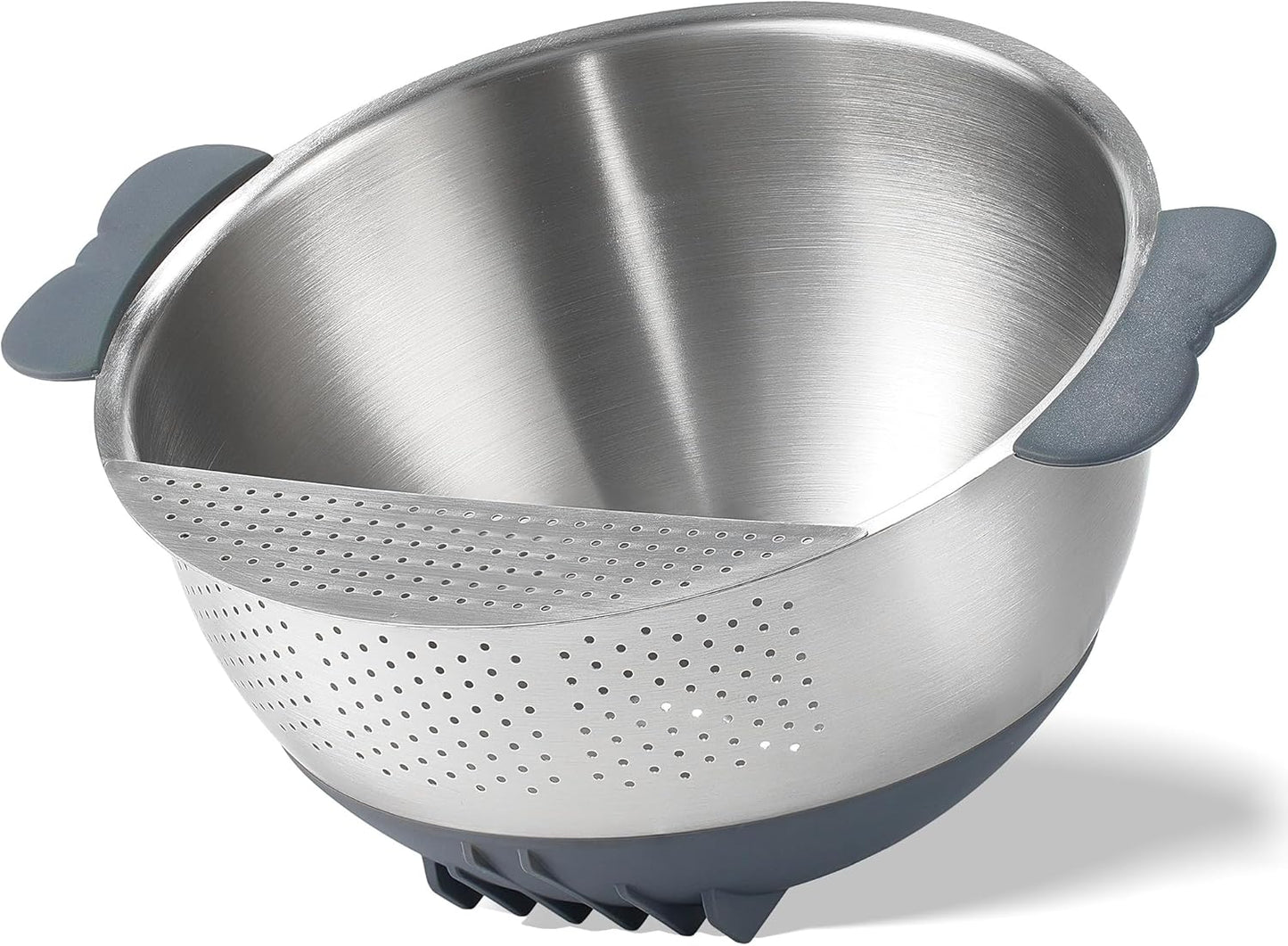 Rice Washer Strainer Bowl Quinoa Washing Bowl 18/10 Stainless Steel Colander Versatile Good Grips Side Drainers for Cleaning Rinsing Fruits, Vegetables, and Beans - Tilting Non-slip Silicone Bottom