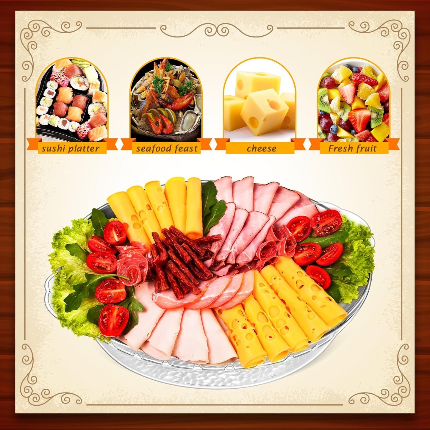 Baderke 6 Set 11.8" Chilled Serving Tray for Parties with Compartments Ice Chilled Party Platter Charcuterie Serving Board Cold Dish Dip for Fruit Seafood Vegetable Shrimp Cocktail (Natural)