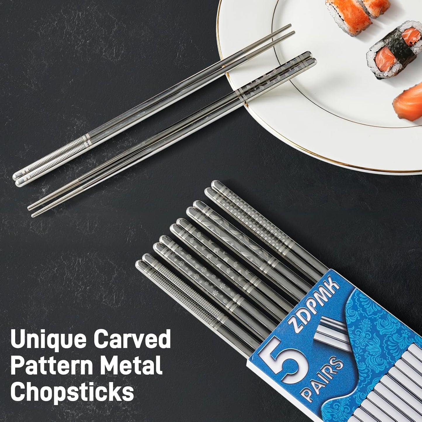Metal Chopsticks Reusable 5 Pairs Stainless Steel Chopsticks Japanese Chinese Korean Metal Chop Sticks Dishwasher Safe Non Slip Cute Laser Engraved 9.25 Inch for Cooking Eating Gift Set