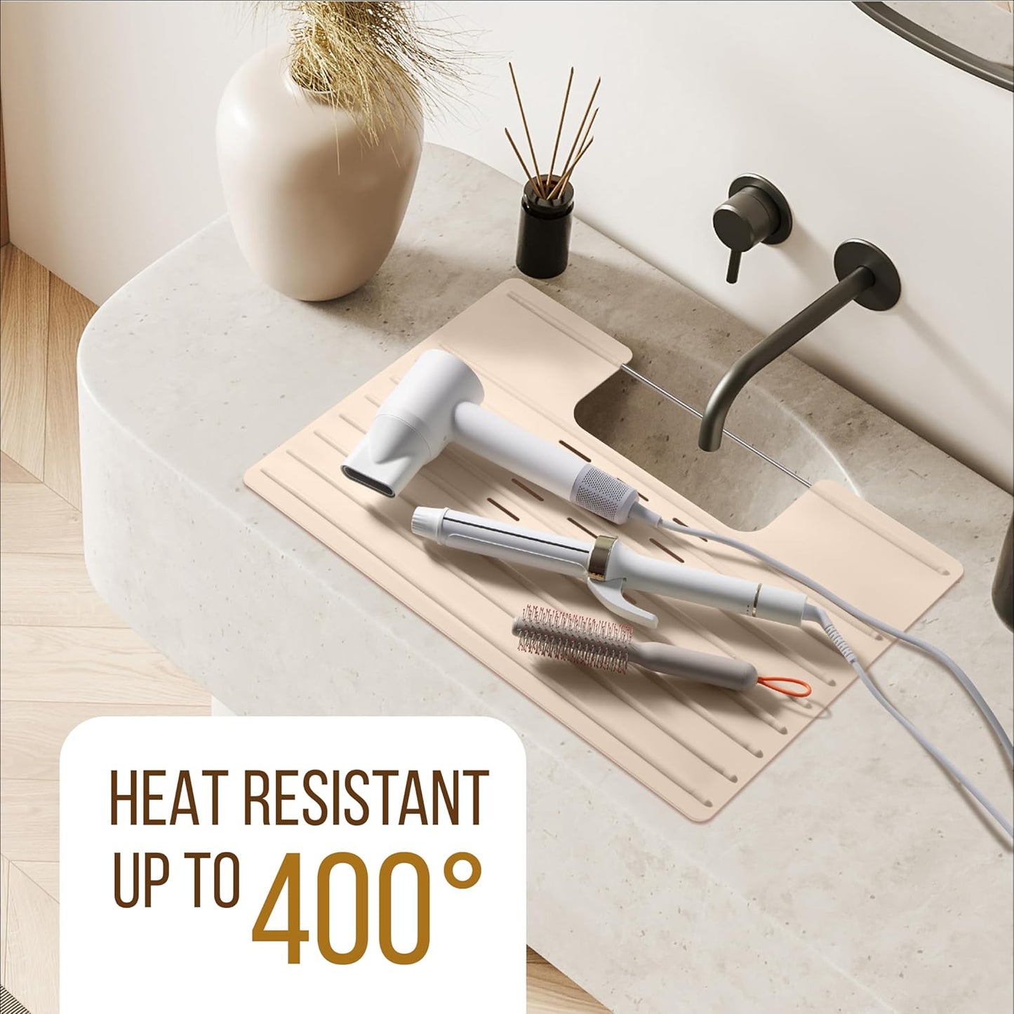 Maplefield Bathroom Sink Cover for Counter Space, Heat Resistant Silicone Sink Mat for Your Beauty Routine, Small Bathroom Space Saver Sink Cover for Makeup (Beige Large, 22 x 2 x 2 Inches)