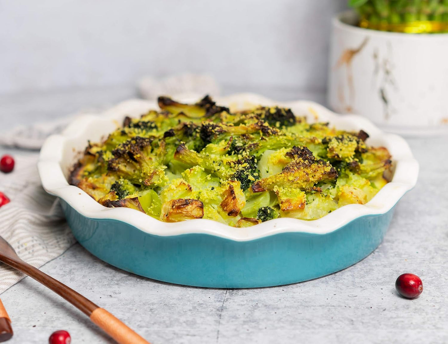 KooK Deep Dish Pie, Pecan Dessert Dish, Porcelain, Ceramic, Deep Dish Plate 10 Inch, Apple Pie, Ruffled Wave Edge, Reusable Round Pan, Oven and Dishwasher Safe, 44 Oz (Aqua)