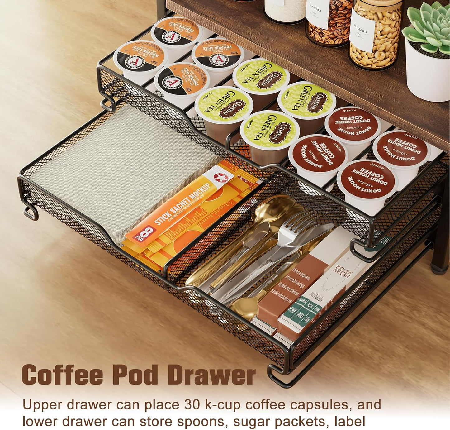 Coffee Bar Organizer, 4 Tier Coffee Station Organizer for Countertop, 30 K Cup Pod Drawer, Mug Cup Holder Stand with 12 Hooks, Multifunctional K Pods Shelf Storage Holder Drawer