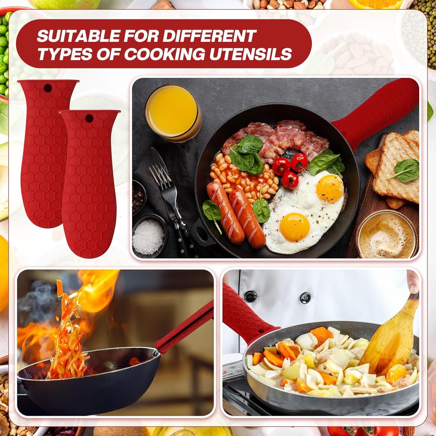 Patelai 2pcs Silicone Handle Cover for Cast Iron Skillet Kitchen Silicone Handles for Pots and Pans Non-Slip Pot Holder Sleeve for Fry Pan Griddles Metal Aluminum Cookware(Red)