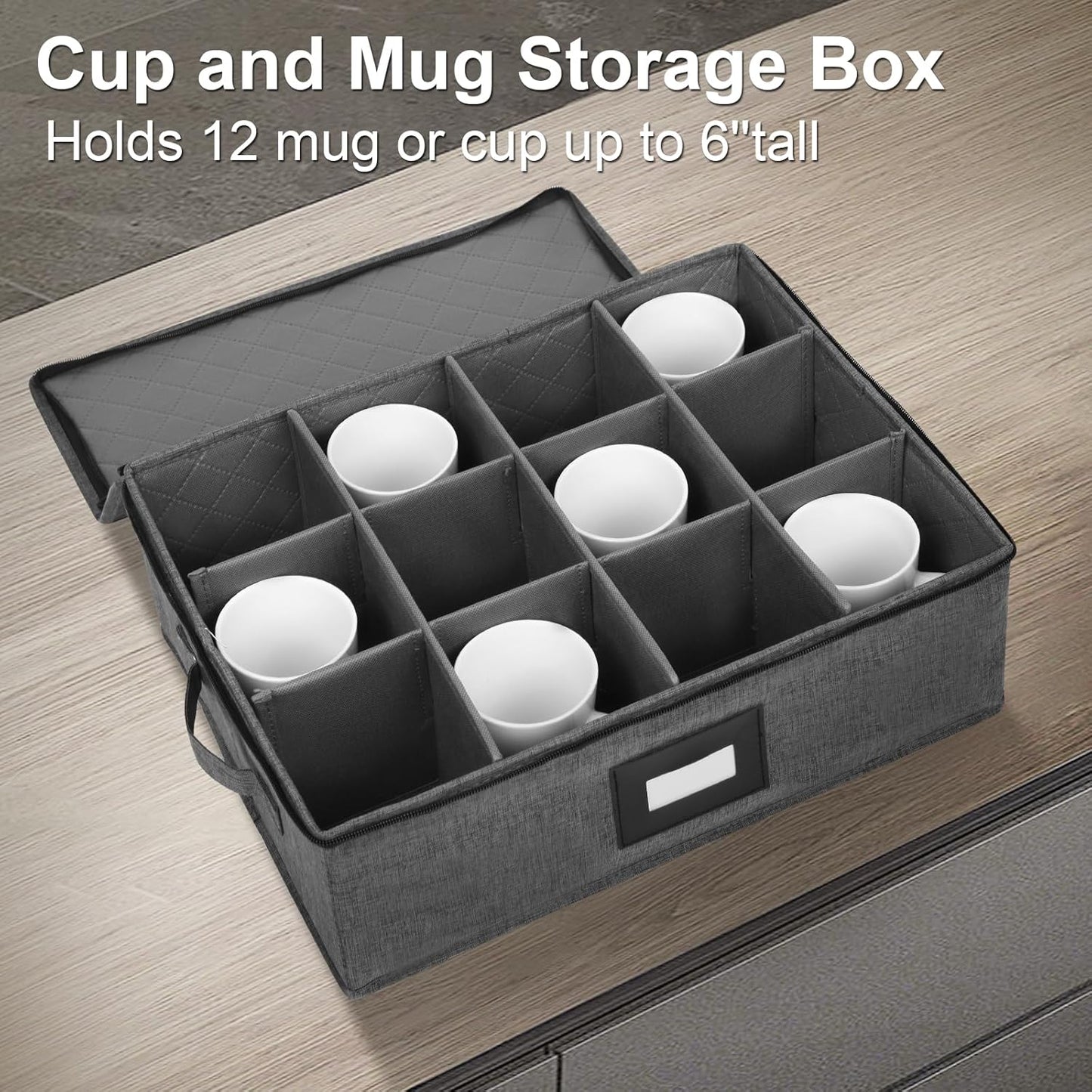 Cup and Mug Storage Box 2Pack, China Storage Containers for 12 Tea Cups or Coffee Mugs with Zipper Lid and Rivet Reinforced Handles, Hard Shell and Stackable (Black)
