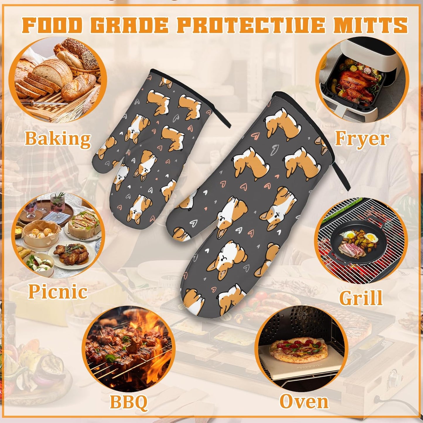 Cute Corgi Dog Oven Mitts and Pot Holders,Heat Resistant Oven Mitts Gloves and Pot Holder for Home Kitchen Decorations Cooking Baking BBQ Gifts,Set of 4