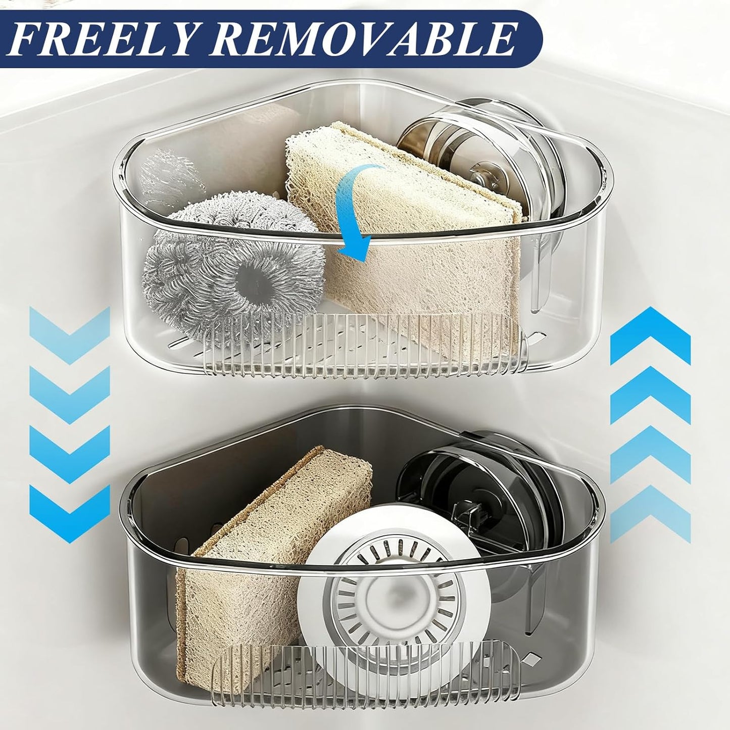 Sink Strainer Basket, Triangle Suction Cup Sink Corner Rack, New Upgraded Corner Sink Strainer with Drainage Hole, Punch-Free Corner Sink Trash Catcher for Kitchen and Bathroom (Black)