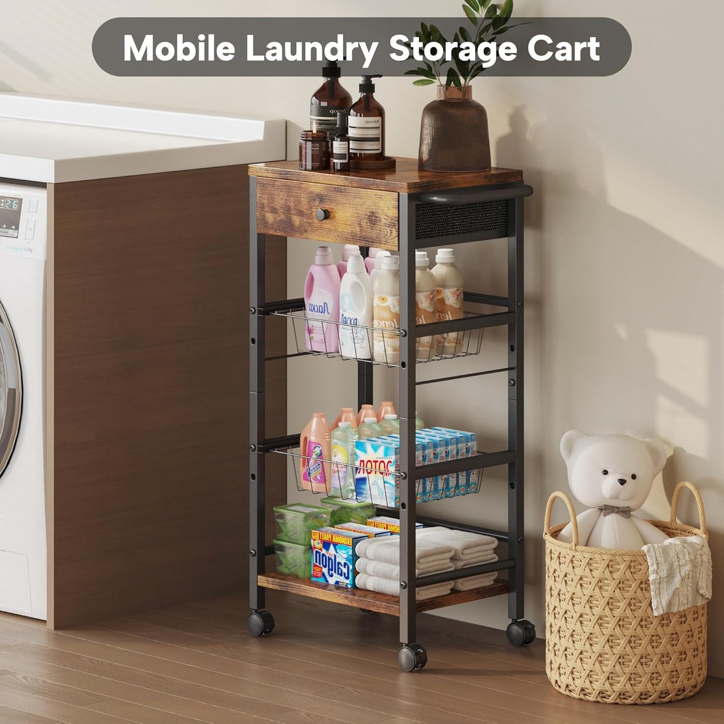 Kitchen Organizer and Storage Cart with Fabric Drawer and Convenient Handle, Snack Organizer Cart with 2 Pull-Out Baskets and 2 Storage Shelves, Rolling Kitchen Cart for Fruit Potato Onion Vegetable