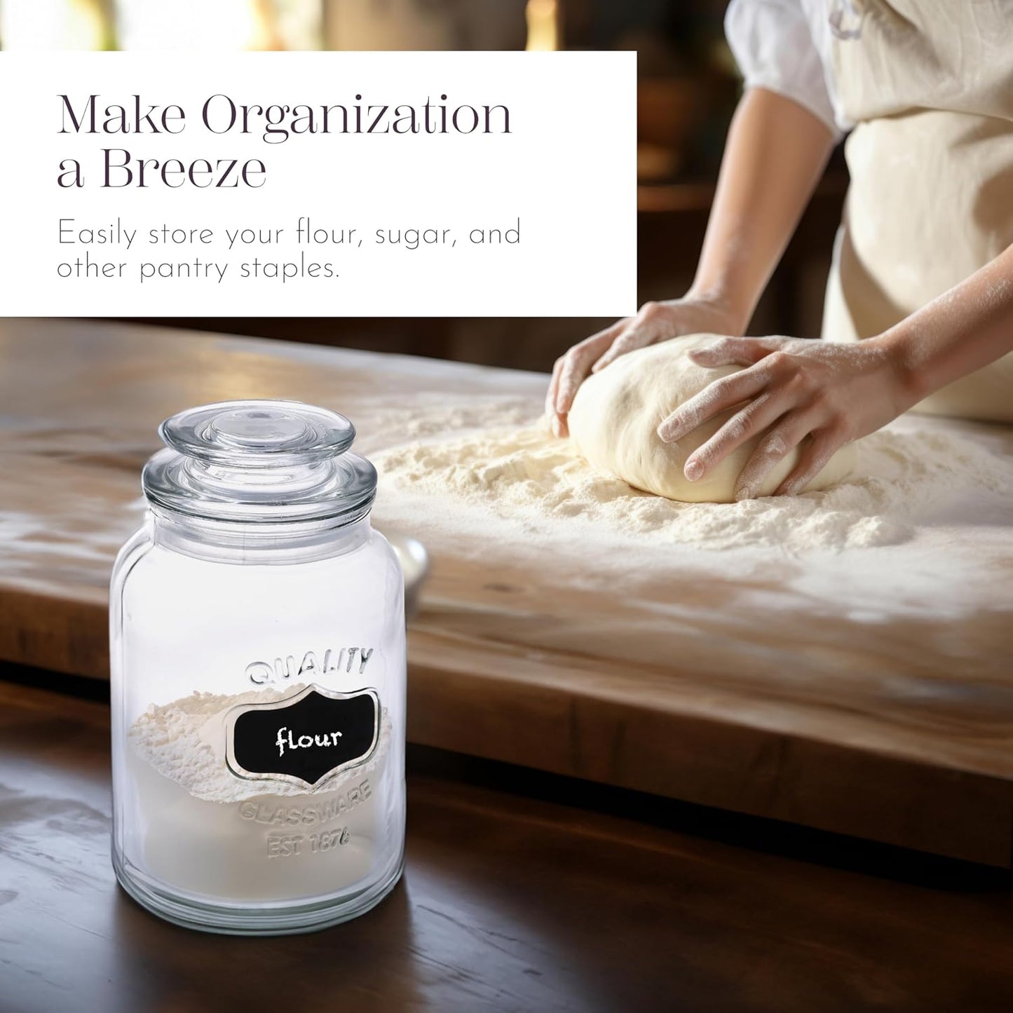 WHOLE HOUSEWARES Glass Canisters with Airtight Lids Set of 3 - Glass Storage Jars for Candy, Cookie, Flour, Sugar, Coffee - Sealed Food Storage for Pantry - Clear Containers for Kitchen Counter